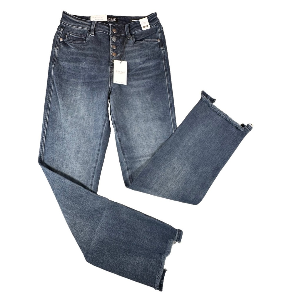 Judy Blue Jeans 9/29 Straight Fit Dark Wash High Waist Raw Hem Button Fly New